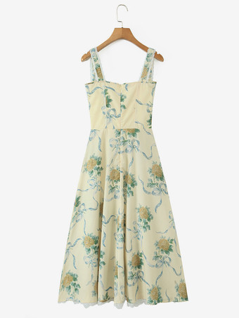 2025年夏向けフローラルプリントのハートネックラインミディドレス