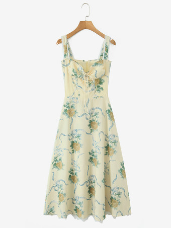 2025年夏向けフローラルプリントのハートネックラインミディドレス