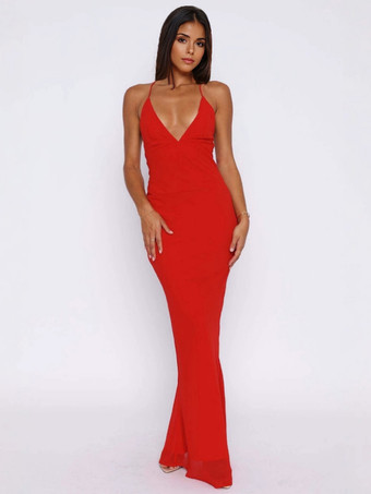 レッド プランジネックライン付きフローラルプリントボディコンマキシスリップドレス 2026