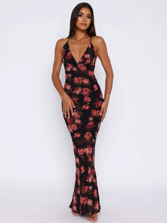 ブラック プランジネックライン付きフローラルプリントボディコンマキシスリップドレス 2026