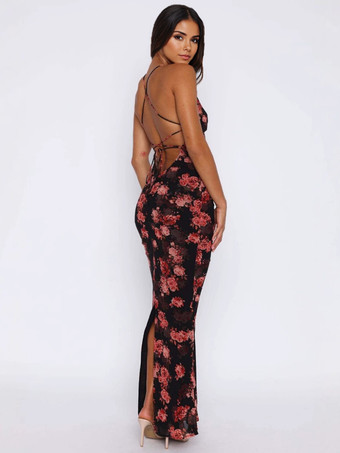 プランジネックライン付きフローラルプリントボディコンマキシスリップドレス 2026