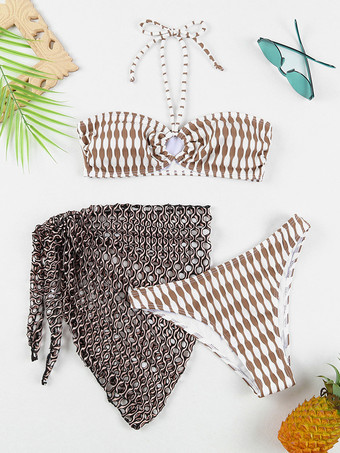 ブラウン プリントビキニとホローカバーアップスカートの水着セット 2025