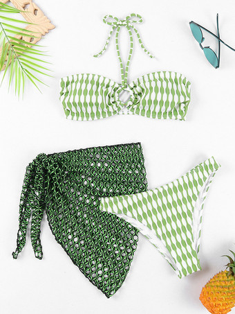 グリーン プリントビキニとホローカバーアップスカートの水着セット 2025