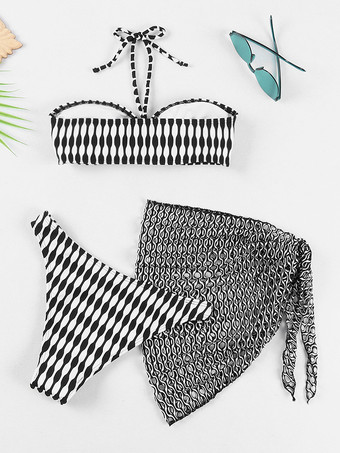 プリントビキニとホローカバーアップスカートの水着セット 2025