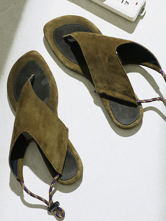 ダークグリーンスエードフリップフロップレディースフラットレースアップサンダルシューズ