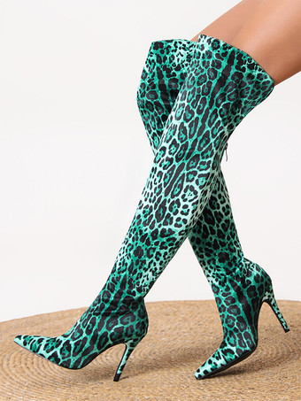 レディース オーバーニーハイブーツ ヒョウ柄 ポインテッドトゥ ハイヒール エラスティックブーツ