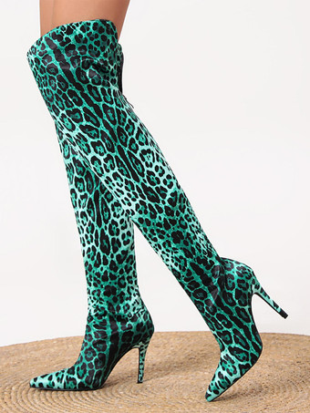 レディース オーバーニーハイブーツ ヒョウ柄 ポインテッドトゥ ハイヒール エラスティックブーツ