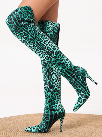 レディース オーバーニーハイブーツ ヒョウ柄 ポインテッドトゥ ハイヒール エラスティックブーツ