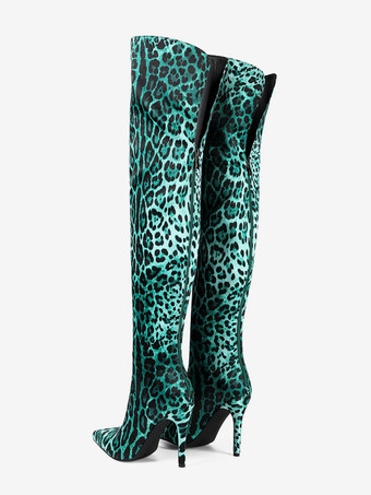 レディース オーバーニーハイブーツ ヒョウ柄 ポインテッドトゥ ハイヒール エラスティックブーツ