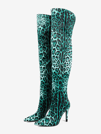 レディース オーバーニーハイブーツ ヒョウ柄 ポインテッドトゥ ハイヒール エラスティックブーツ
