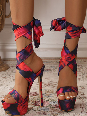 ハイヒールサンダル レディース オープントゥ プラットフォーム レースアップ サンダル シューズ