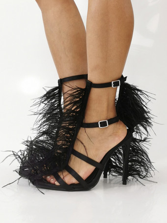 ブラックハイヒールサンダル フェイクフェザーディテール チャンキーヒール パーティーシューズ