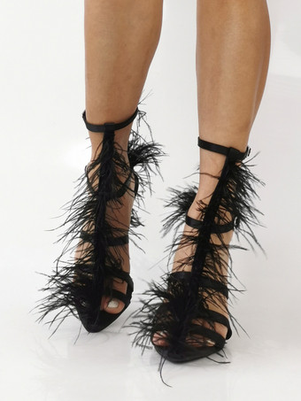 ブラックハイヒールサンダル フェイクフェザーディテール チャンキーヒール パーティーシューズ