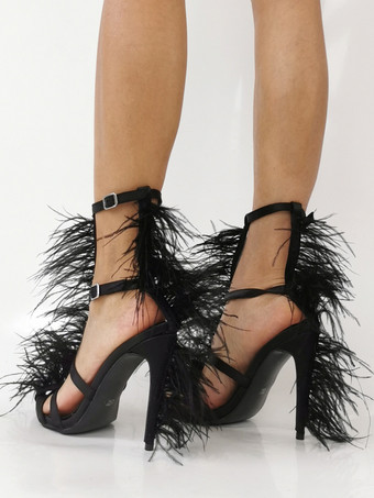 ブラックハイヒールサンダル フェイクフェザーディテール チャンキーヒール パーティーシューズ