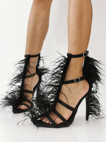 ブラックハイヒールサンダル フェイクフェザーディテール チャンキーヒール パーティーシューズ