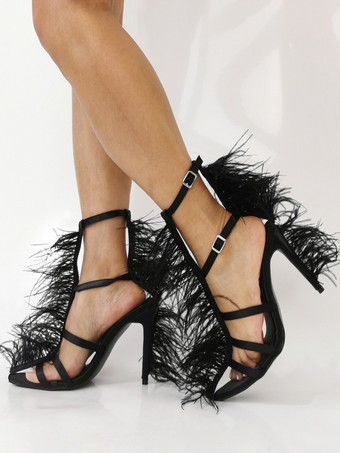 ブラック ブラックハイヒールサンダル フェイクフェザーディテール チャンキーヒール パーティーシューズ