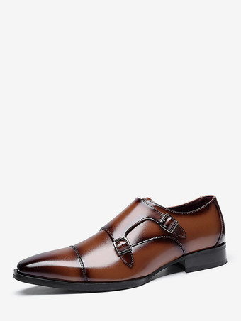 ブラウンメンズローファー レースアップ プレーントゥ ダブルモンクストラップ レザー 滑り止め ブロックヒール ロートップ プロムシューズ