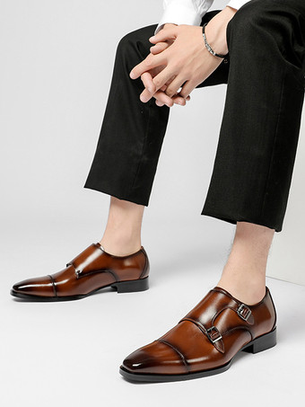 メンズローファー レースアップ プレーントゥ ダブルモンクストラップ レザー 滑り止め ブロックヒール ロートップ プロムシューズ