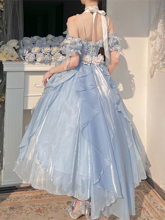 ライトスカイブルースウィートヒメ ウェディングロリータドレス ノースリーブ フリル ピンク ロリータドレス デイリーカジュアル ウェディングドレス