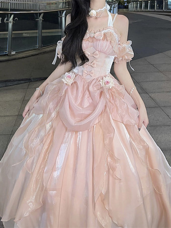 ピンクスウィートヒメ ウェディングロリータドレス ノースリーブ フリル ピンク ロリータドレス デイリーカジュアル ウェディングドレス