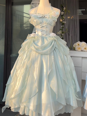 グリーン スウィートヒメ ウェディングロリータドレス ノースリーブ フリル ピンク ロリータドレス デイリーカジュアル ウェディングドレス