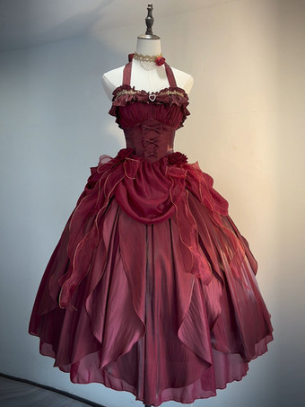 ワインレッド スウィートヒメ ウェディングロリータドレス ノースリーブ フリル ピンク ロリータドレス デイリーカジュアル ウェディングドレス