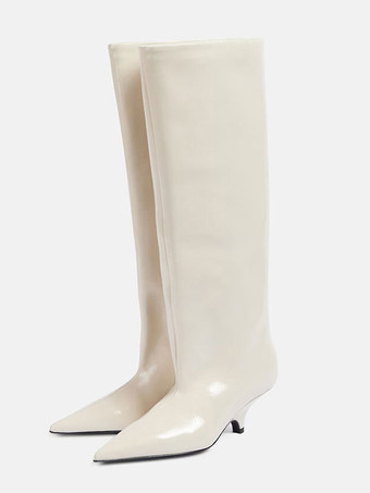 ホワイト ブラックニーハイブーツ キトンヒール ポインテッドトゥ レディースブーツ