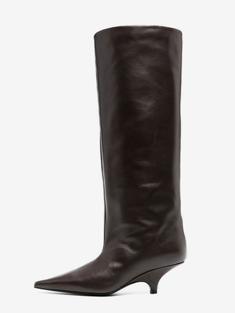 ブラウン ブラックニーハイブーツ キトンヒール ポインテッドトゥ レディースブーツ