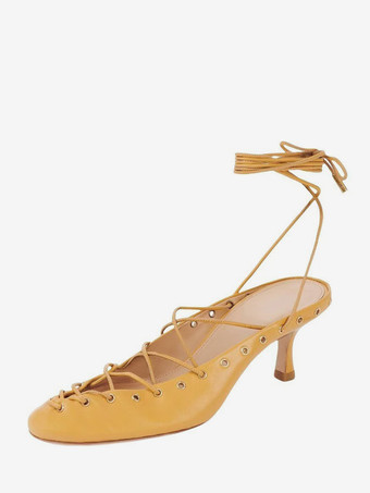イエローキトンヒールパンプス ラウンドトゥ レースアップ バックレスヒール レディース