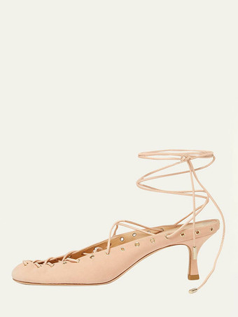 ピンクキトンヒールパンプス ラウンドトゥ レースアップ バックレスヒール レディース