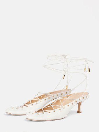 ホワイト キトンヒールパンプス ラウンドトゥ レースアップ バックレスヒール レディース