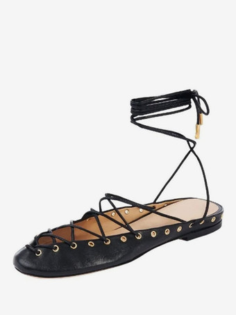 ブラック スエードバレエフラット ラウンドトゥ レースアップ バレリーナフラット レディース