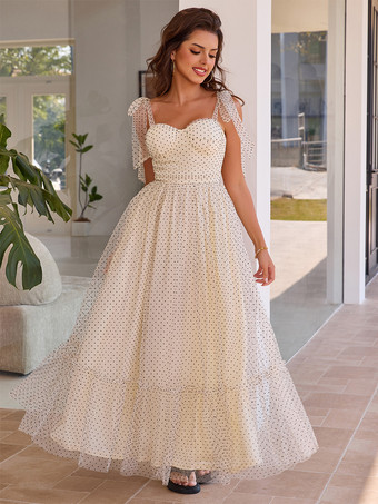 アイボリー 調節可能なショルダーストラップ付きポルカドットAラインマキシドレス 2025