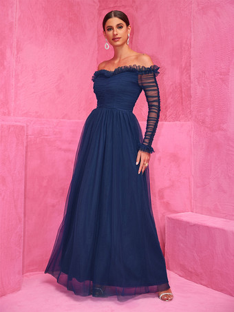 ネイビーブルーのオフショルダーマキシ丈パーティードレス（シースルースリーブ付き）2025