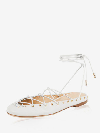 ホワイト スエードバレエフラット ラウンドトゥ レースアップ バレリーナフラット レディース