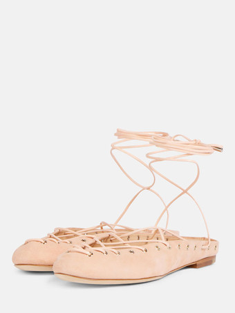 ピンクスエードバレエフラット ラウンドトゥ レースアップ バレリーナフラット レディース