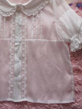 スイートロリータブラウス ホワイトロリータトップス 半袖 レースフリル ロリータシャツ