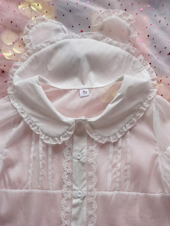 スイートロリータブラウス ホワイトロリータトップス 半袖 レースフリル ロリータシャツ