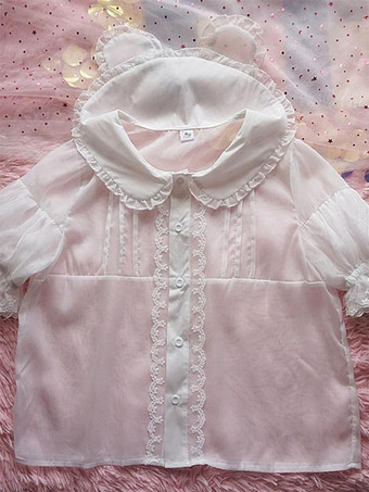 スイートロリータブラウス ホワイトロリータトップス 半袖 レースフリル ロリータシャツ