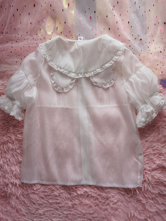 スイートロリータブラウス ホワイトロリータトップス 半袖 レースフリル ロリータシャツ