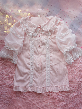 スイートロリータブラウス レースフリルロリータトップス 半袖ブラウス ピンクロリータシャツ