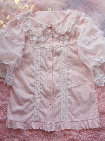 ピンクスイートロリータブラウス レースフリルロリータトップス 半袖ブラウス ピンクロリータシャツ