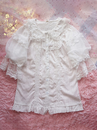 ホワイト スイートロリータブラウス レースフリルロリータトップス 半袖ブラウス ピンクロリータシャツ