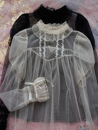 スイートロリータブラウス、黒の長袖ロリータトップス、リボンフリルロリータシャツ