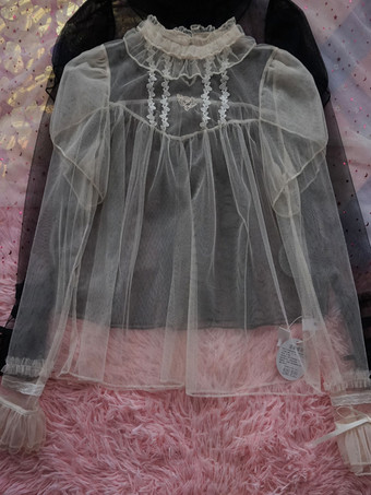 スイートロリータブラウス、黒の長袖ロリータトップス、リボンフリルロリータシャツ