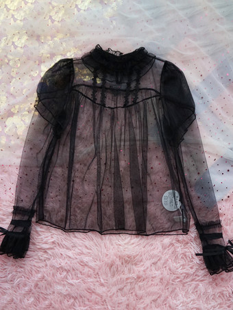 ブラック スイートロリータブラウス、黒の長袖ロリータトップス、リボンフリルロリータシャツ