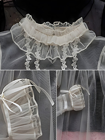 スイートロリータブラウス、黒の長袖ロリータトップス、リボンフリルロリータシャツ