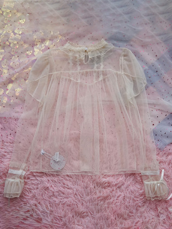 アイボリー スイートロリータブラウス、黒の長袖ロリータトップス、リボンフリルロリータシャツ