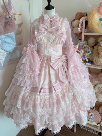 ピンクスイートロリータブラウス ロリータトップス フリルリボン 長袖ブラウス エクリュホワイトロリータシャツ