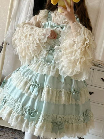 スイートロリータブラウス ロリータトップス フリルリボン 長袖ブラウス エクリュホワイトロリータシャツ